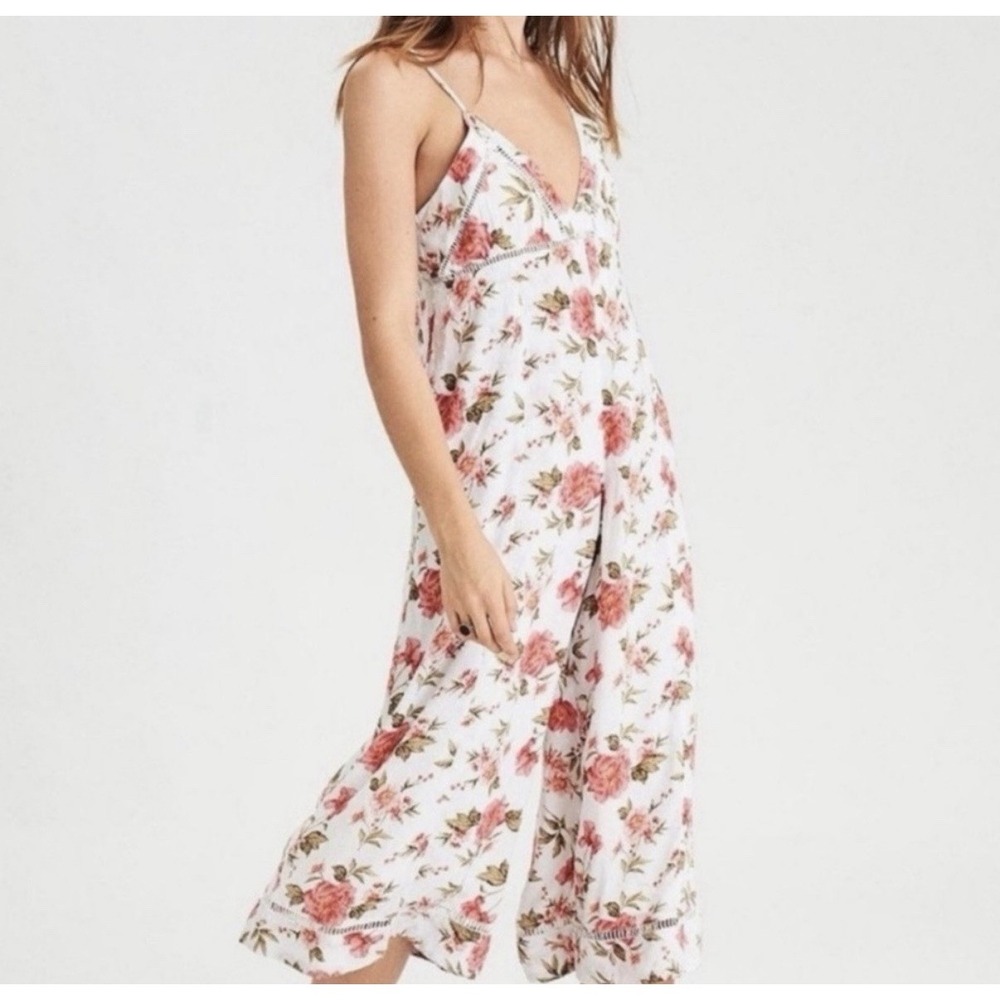American Eagle Jumpsuit Womens 2 White One-Piece Floral Lattice‎ Trim Wide Leg